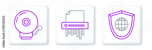 Set line Shield with world globe, Ringing alarm bell and Paper shredder confidential icon. Vector