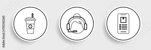 Set line Mobile phone with app delivery tracking, Coffee cup and Support operator touch icon. Vector