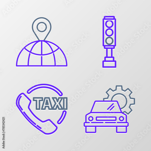 Set line Car service, Taxi call telephone, Traffic light and Location the globe icon. Vector