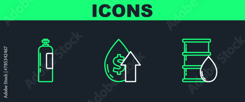 Set line Barrel oil, Industrial gas cylinder tank and Oil price increase icon. Vector