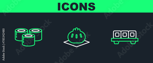 Set line Sushi on cutting board, and Khinkali icon. Vector