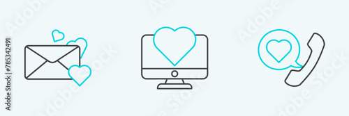 Set line Telephone with heart speech bubble, Envelope and Computer monitor icon. Vector