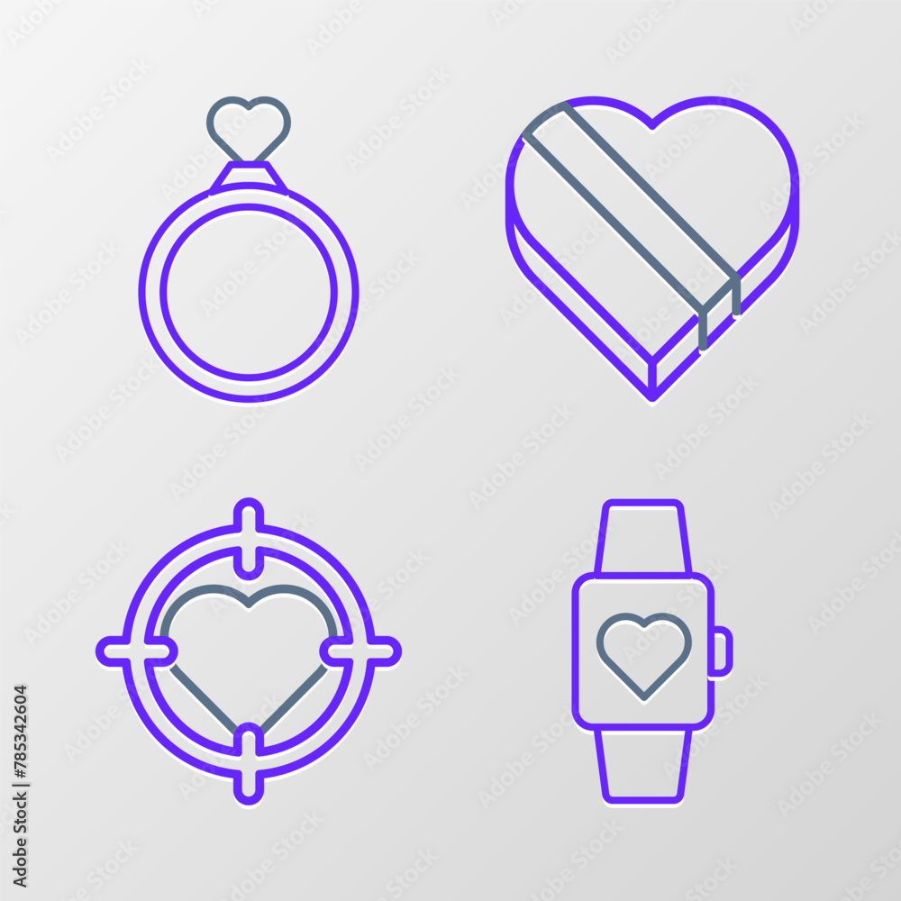 Set line Heart in the center wrist watch, of darts target aim, Candy heart shaped box and Wedding rings icon. Vector Set line Heart in the center wrist watch, of darts target aim, Candy heart shaped box and Wedding rings icon. Vector