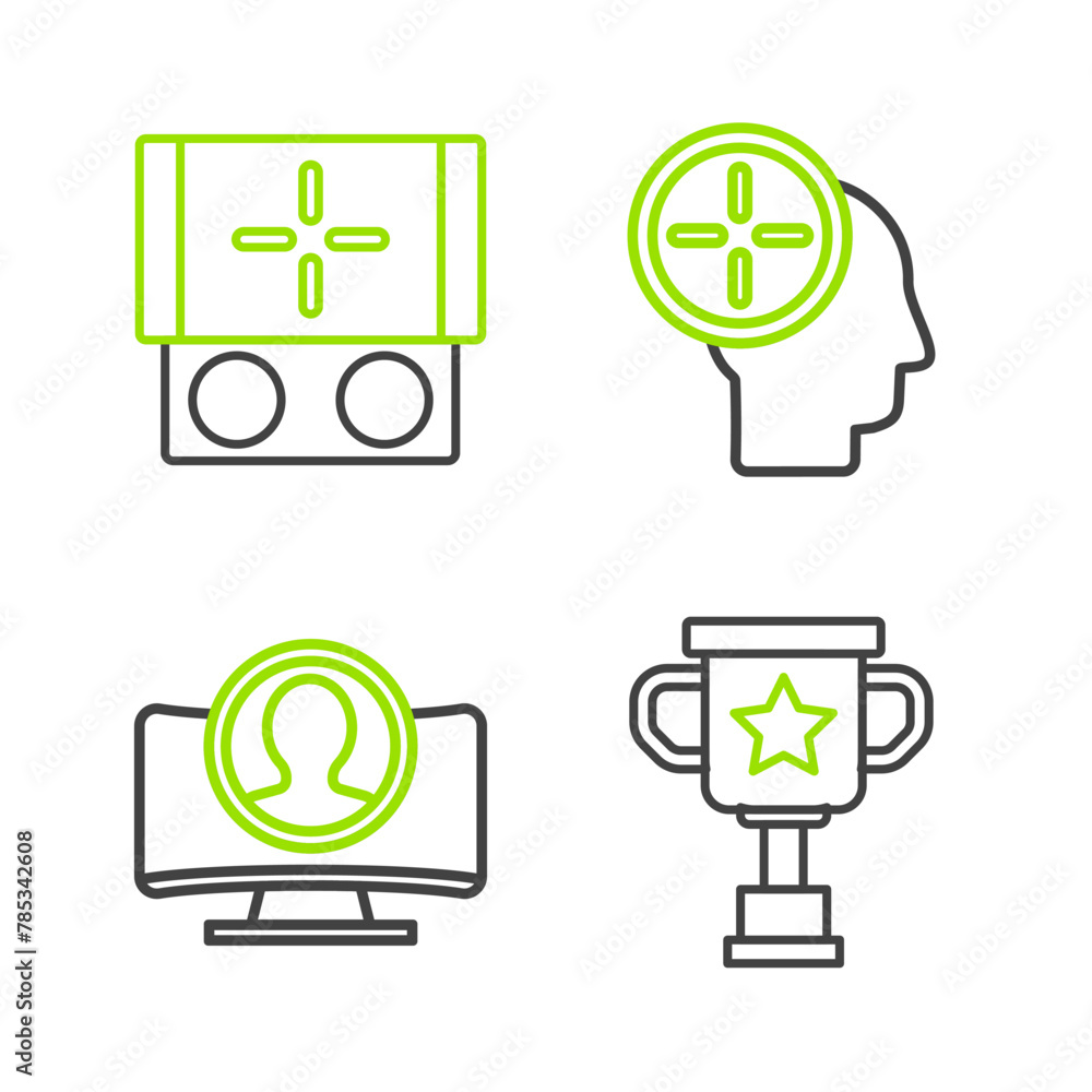 Set line Award cup, Create account screen, Head hunting concept and Portable video game console icon. Vector Set line Award cup, Create account screen, Head hunting concept and Portable video game console icon. Vector