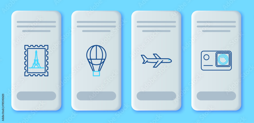 Set line Hot air balloon, Plane, Postal stamp and Eiffel tower and Action extreme camera icon. Vector