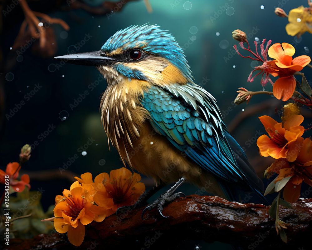 Beautiful blue bird sitting on a branch with flowers in the forest Beautiful blue bird sitting on a branch with flowers in the forest