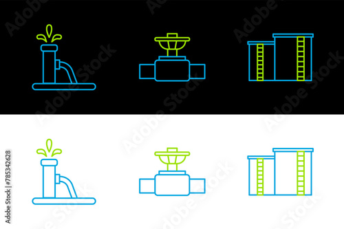 Set line Oil industrial factory building, pump pump jack and Industry pipe and valve icon. Vector