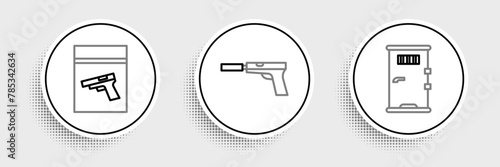 Set line Prison cell door, Evidence bag and pistol gun and Pistol with silencer icon. Vector