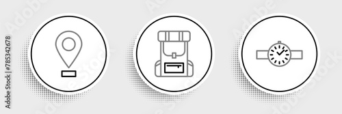 Set line Wrist watch, Location and Hiking backpack icon. Vector