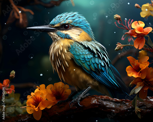 Beautiful blue bird sitting on a branch with flowers in the forest