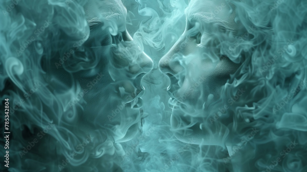 Obraz premium Sempiternal concept, two people in smoke, futuristic medicine creativity