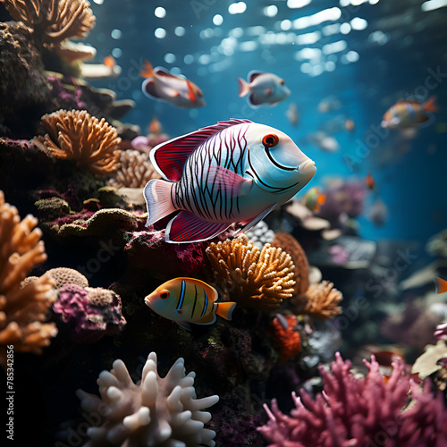 Tropical fish swimming on coral reef. Underwater world. © Wazir Design