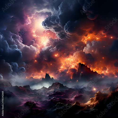Fantasy landscape with mountains and nebula. 3D illustration.
