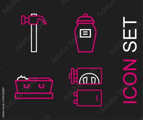 Set line Crematorium, Coffin with dead, Funeral urn and Hammer icon. Vector