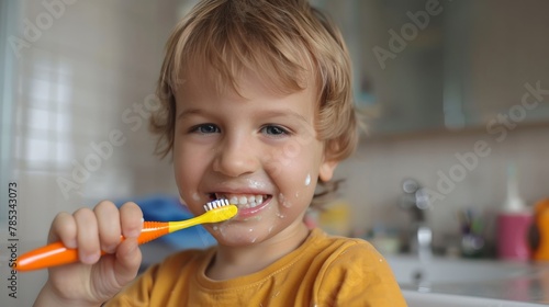 A child learning to brush teeth properly under parental supervision photo