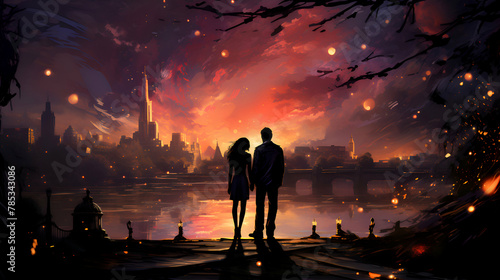 Silhouette of a couple in love on the background of the night city