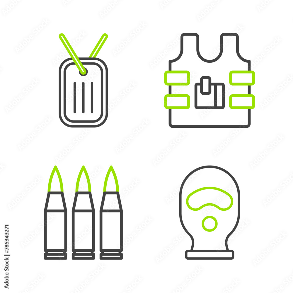Set line Balaclava, Bullet, Bulletproof vest and Military dog tag icon. Vector Set line Balaclava, Bullet, Bulletproof vest and Military dog tag icon. Vector