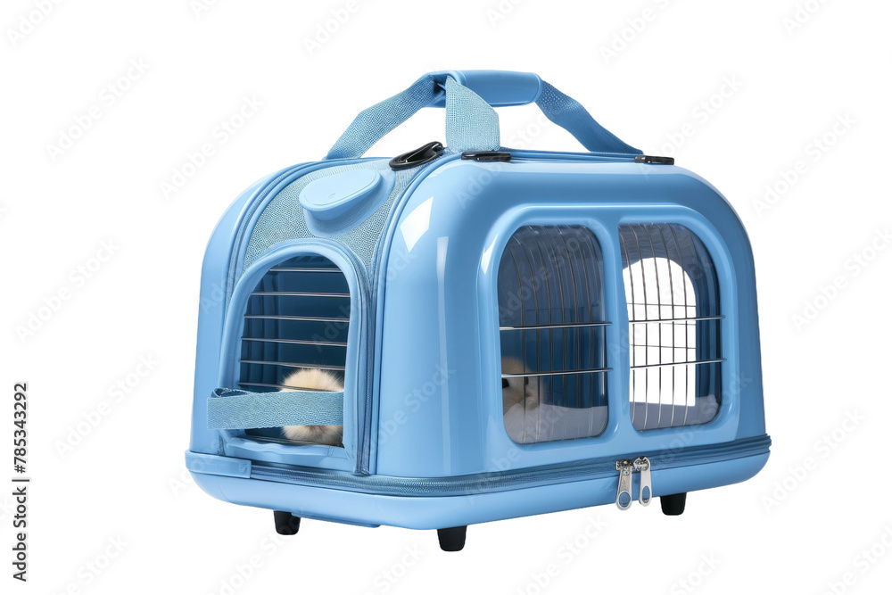 Whimsical Blue Dog Carrier With Playful Cat. On a White or Clear Surface PNG Transparent Background. Whimsical Blue Dog Carrier With Playful Cat. On a White or Clear Surface PNG Transparent Background.