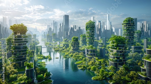 A future city landscape with river and greenery.