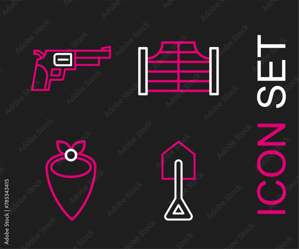 Set line Shovel, Cowboy bandana, Saloon door and Revolver gun icon. Vector Set line Shovel, Cowboy bandana, Saloon door and Revolver gun icon. Vector