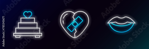 Set line Smiling lips, Wedding cake with heart and Healed broken icon. Glowing neon. Vector
