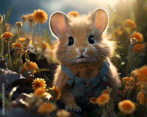 Cute little hamster sitting on dandelion flower meadow