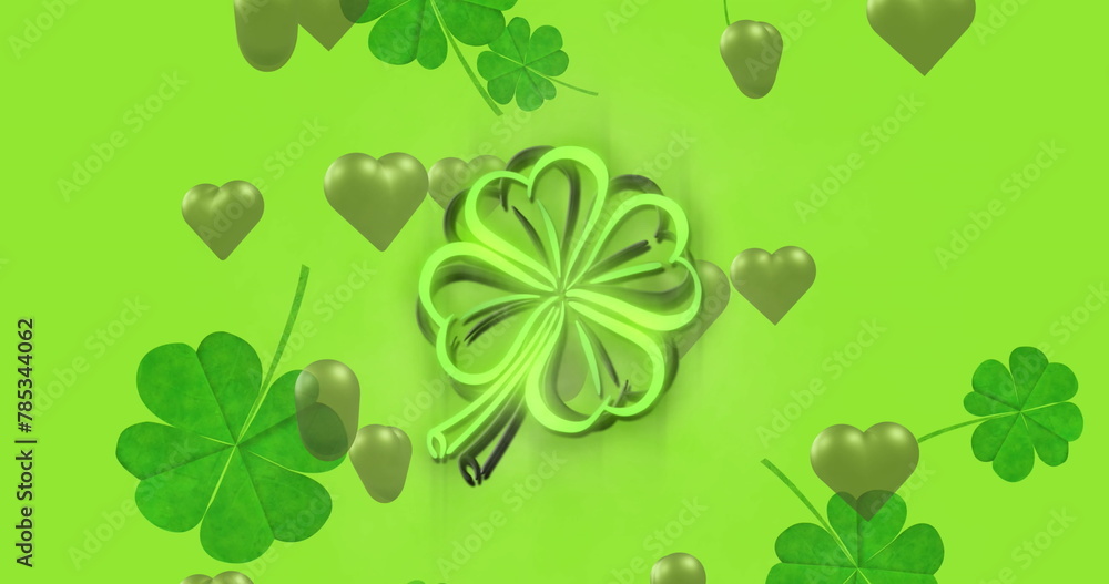 Naklejka premium Image of st patrick's day shamrock and green hearts on green background