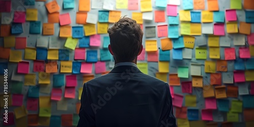 Businessperson Brainstorming with Digital Sticky Notes on Conceptual Canvas Wall