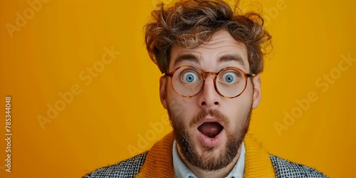 Astonished Bank Employee with Wide Eyes Reacting to Surprising Financial Deposit photo