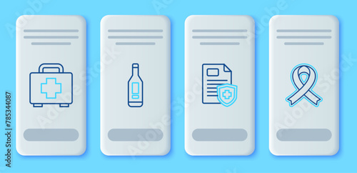 Set line Digital thermometer, Patient record, First aid kit and Awareness ribbon icon. Vector