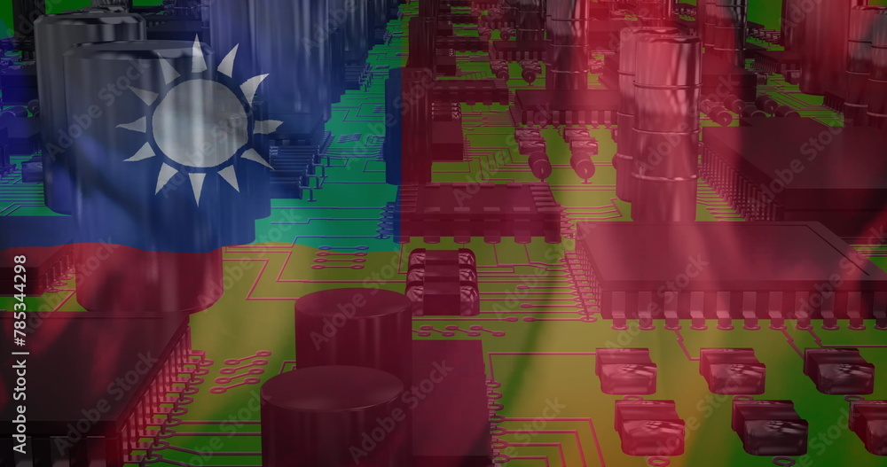 Fototapeta premium Image of circuit board and data processing over flag of taiwan