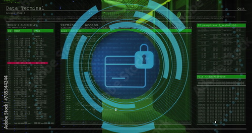 Image of padlock and data processing over computer servers