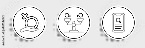Set line Dating app, Female gender and Gender equality icon. Vector