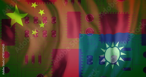 Image of circuit board and data processing over flag of taiwan and china