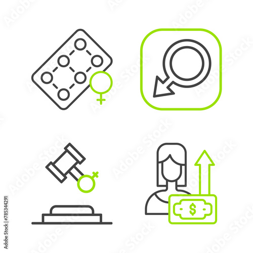 Set line Money growth woman, Female rights, Male gender and Packaging of birth control pills icon. Vector