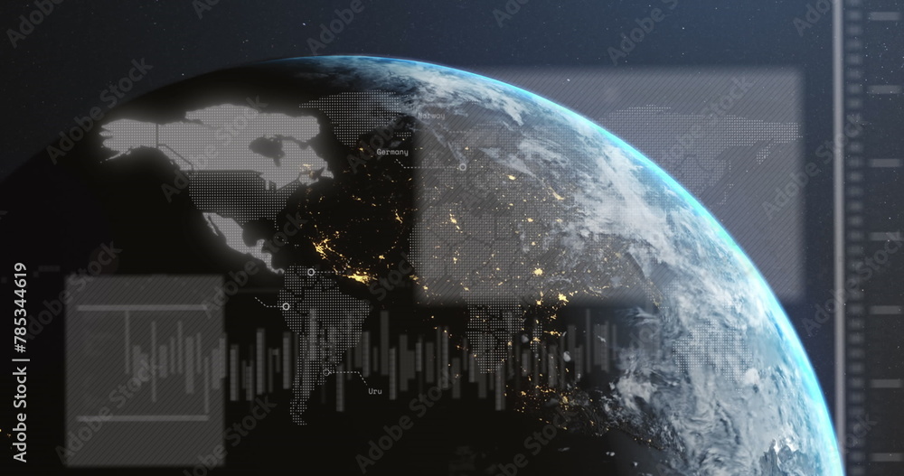 Fototapeta premium Image of graph and illuminated map over rotating globe against space