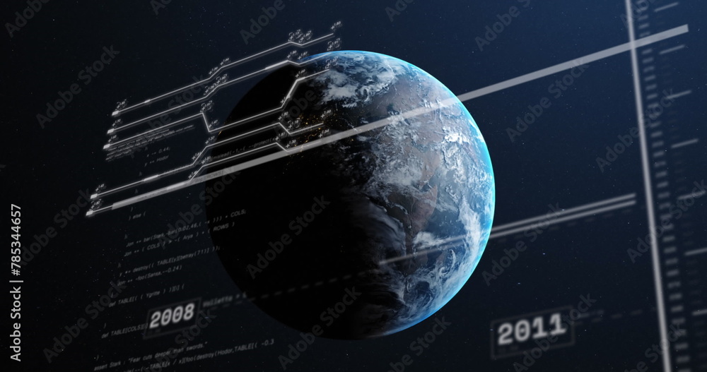 Naklejka premium Image of computer language with circuit board pattern and numbers over circles on globe