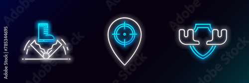Set line Moose horns on shield, Trap hunting and Hunt place icon. Glowing neon. Vector photo