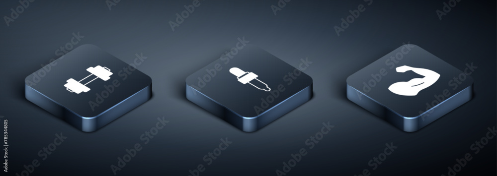 Set Isometric Dumbbell, Bodybuilder muscle and Pipette with oil icon. Vector Set Isometric Dumbbell, Bodybuilder muscle and Pipette with oil icon. Vector