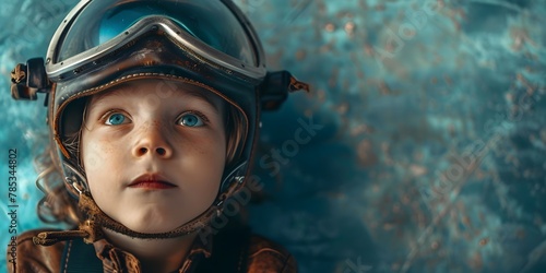 A close up portrait of an aviation pilot wearing a flight helmet and goggles their eyes wide with a sense of amazement and fascination