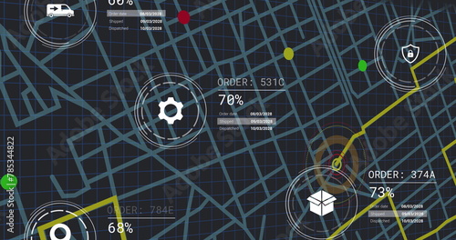 Image of icons with data processing over city map