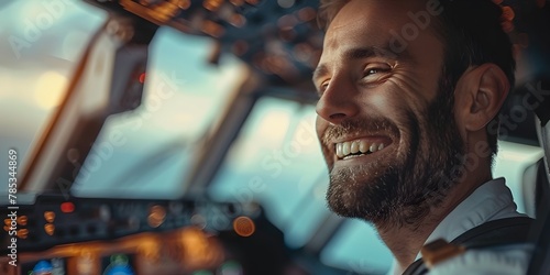 Hopeful Pilot Gazes at Future Flight Plans with Optimistic Smile in Cockpit of Aircraft