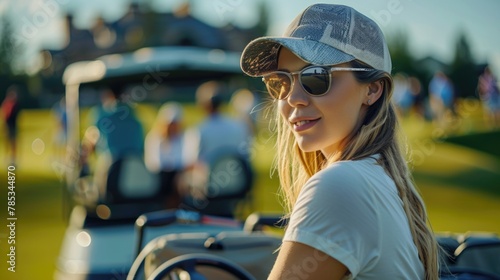 A beautiful woman with sunglasses and cap, wearing athletic wear on the golf course. #785344870