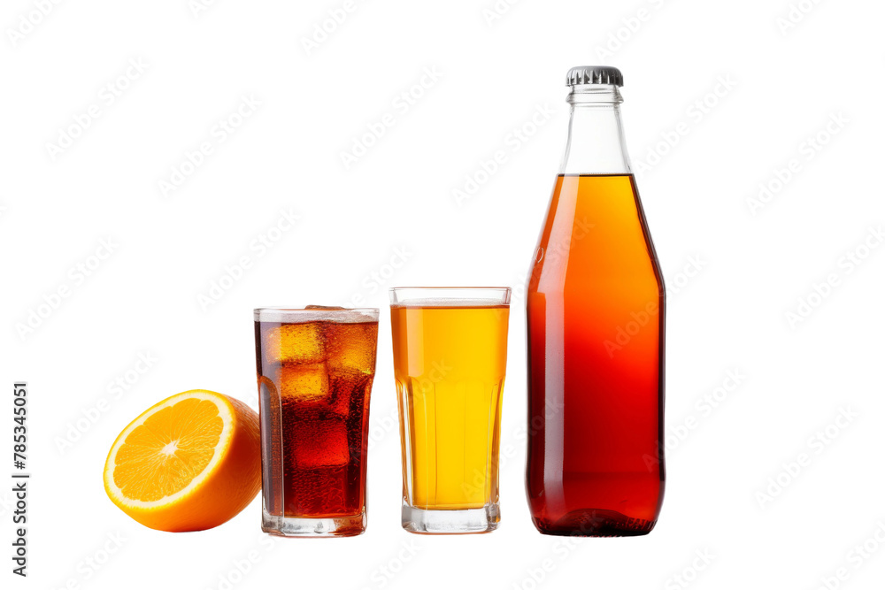 Sparkling Citrus Delight: Soda, Orange Juice, and Fresh Slice. On a White or Clear Surface PNG Transparent Background. Sparkling Citrus Delight: Soda, Orange Juice, and Fresh Slice. On a White or Clear Surface PNG Transparent Background.