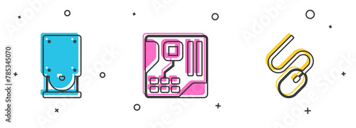 Set Optical disc drive, Motherboard digital chip and Computer mouse icon. Vector