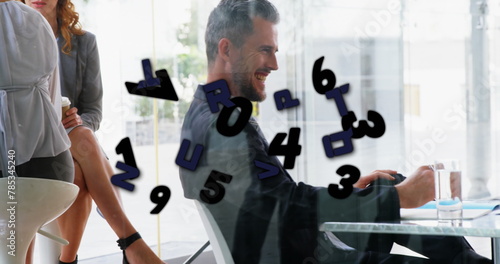 Image of numbers processing over caucasian businessman in office