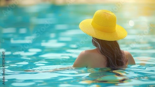 A model with yellow hat enjoying the hotel pool on a fun summer day.