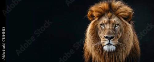 Close-up portrait of a lion looking at the camera with interest against a dark background, banner with copy space