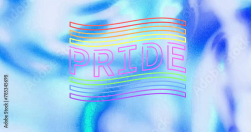 Image of rainbow flag with pride text on blue background