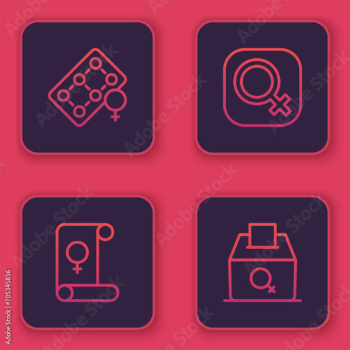 Set line Packaging of birth control pills, Feminism, Female gender and vote right. Blue square button. Vector